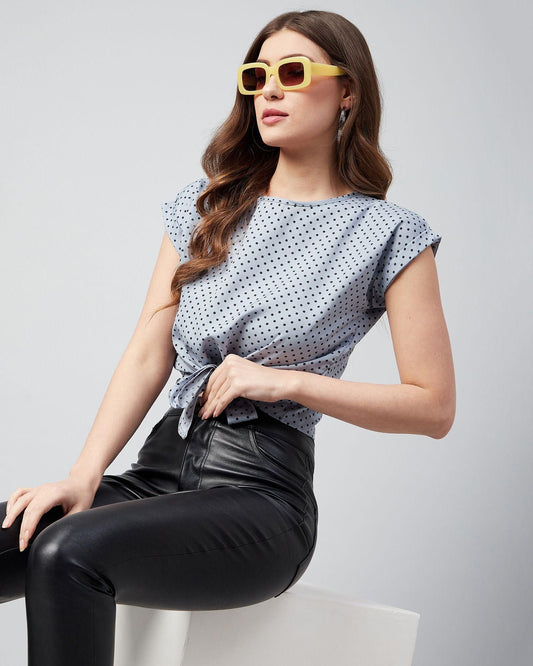 Women's Crepe Grey Polka Doted Knotted Crop Top